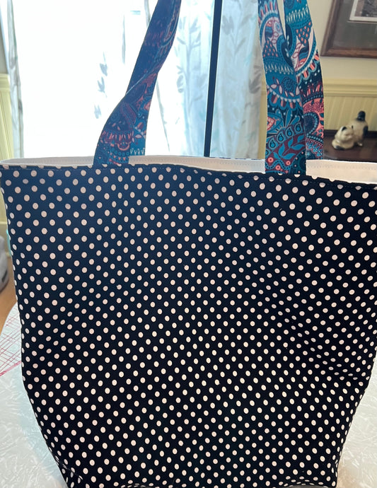 Polka Dot Tote Bag with Multi Color Blue Handles