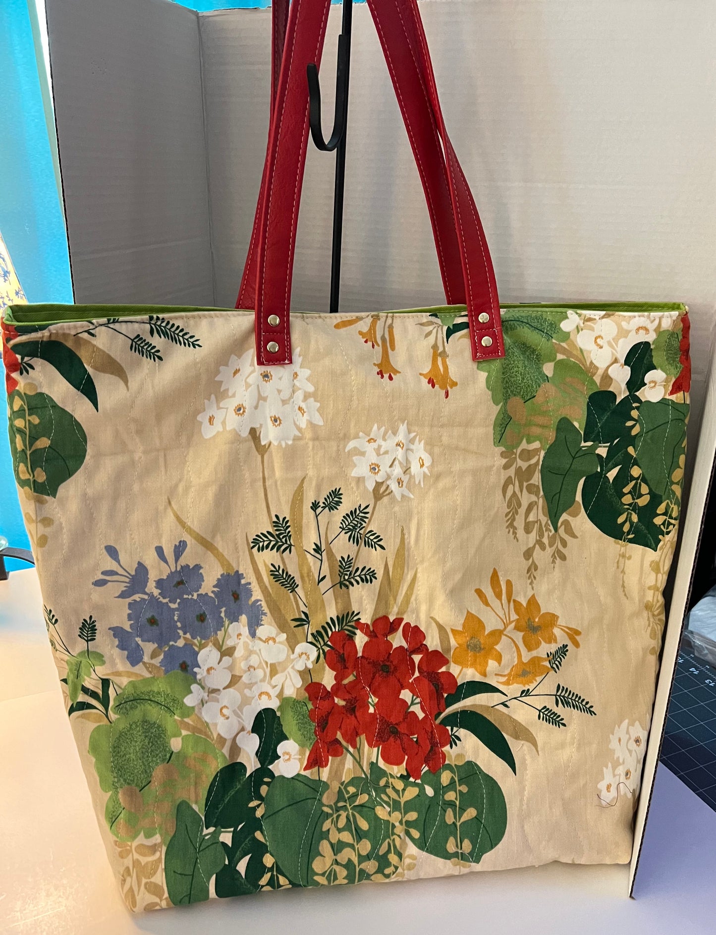 Mega Tote Bag made with Vintage Fabric Green Interior